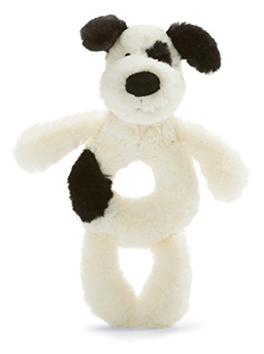 Jellycat Bashful Black and Cream Puppy Soft Plush Baby Toy Ring Rattle