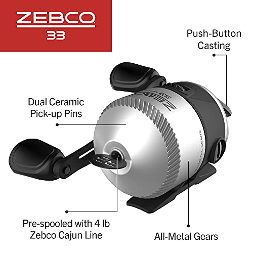 Zebco 33 Spincast Fishing Reel, Quickset Anti-Reverse with Bite Alert, Smooth Dial-Adjustable Drag, Powerful All-Metal Gears with a Lightweight Graphite Frame,Silver/Black