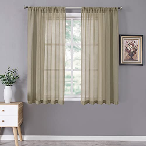 Tollpiz Short Sheer Curtain Linen Textured Living Room Curtains Sheer Light Filtering Rod Pocket Voile Curtain for Bedroom, 42 x 54 inches Long, Taos Taupe, Set of 2 Panels