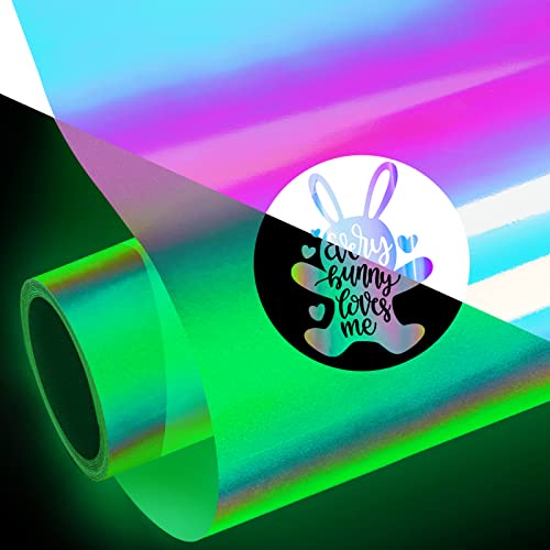 GIRAFVINYL Glow in The Dark Vinyl Holographic Vinyl Opal Vinyl White to Green Permanent Adhesive Vinyl 12” X 10ft Craft Vinyl for DIY Decor,Works with All Cutting Machine