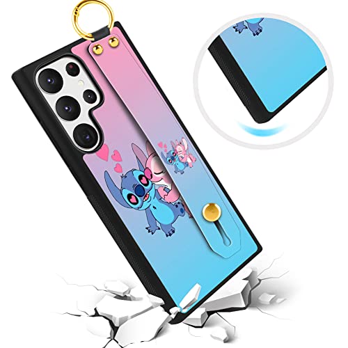 cuwana Cartoon Case for Samsung Galaxy S23 Ultra Case (2023) Cute Stitch Angel Cartoon Character Design with Lanyard Wrist Strap Band Holder Shockproof Protection Bumper Kickstand Cover