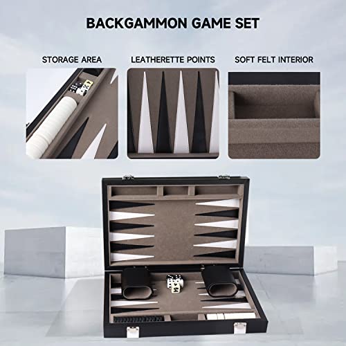 GSE Premium Leather Backgammon Board Game Set, Classic Backgammon Game Set with Leather Case, Travel Folding Board Game (Black&Grey, Small)