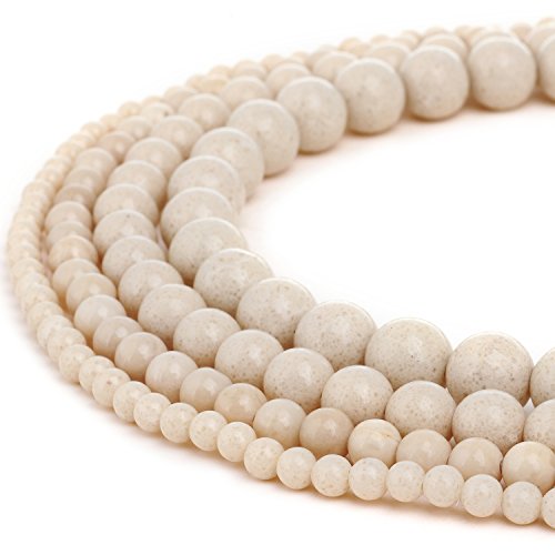 RUBYCA Natural White Cream Fossil Gemstone Round Loose Beads for Jewelry Making 1 Strand - 8mm