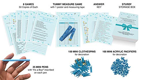 Dessie Baby Shower Games for Boys - Ultimate Boy Baby Shower Set | Includes 9 Unique Games, 25 Pens and Baby Boy Shower Decorations (100 Mini Clothespins +100 Mini Acrylic Pacifiers)