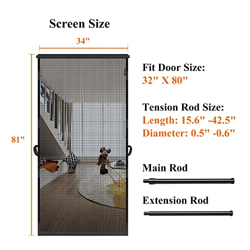 MAGZO Hanging Screen Door, Fits Door Size 32" x 80" (Curtain Size 34'' x 81''), Durable Fiberglass Screen Door Mesh with Tension Rod&Hook&Loop (One Piece Can be Installed in 2 Ways), Weighted Bottom