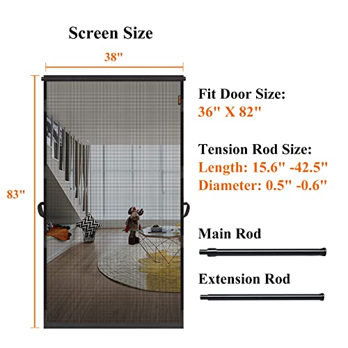 MAGZO Hanging Screen Door, Fits Door Size 36" x 82" (Curtain Size 38'' x 83''), Durable Fiberglass Screen Door Mesh with Tension Rod&Hook&Loop (One Piece Can be Installed in 2 Ways), Weighted Bottom