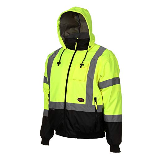 Pioneer High Vis Safety Bomber Jacket for Men – Waterproof Reflective Rain Gear – Class 3 – Detachable Hood – Yellow/Black