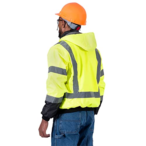 Pioneer High Vis Safety Bomber Jacket for Men – Waterproof Reflective Rain Gear – Class 3 – Detachable Hood – Yellow/Black