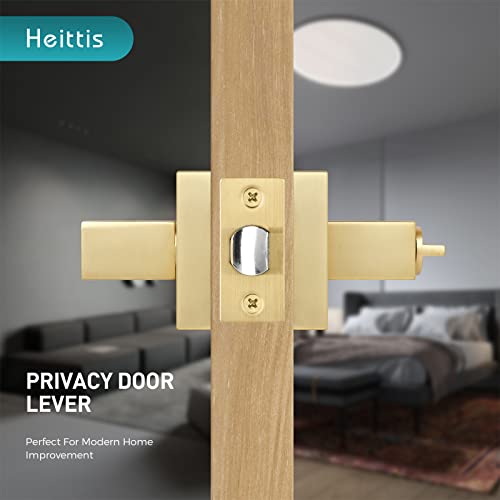 1 Pack Privacy Square Heavy Door Lock Keyless, Stain Brass Golden Bedroom/Bathroom Door Handles,Interior Door Knob Locked Inside with Turn Thumb Left/Right Handed Reversible