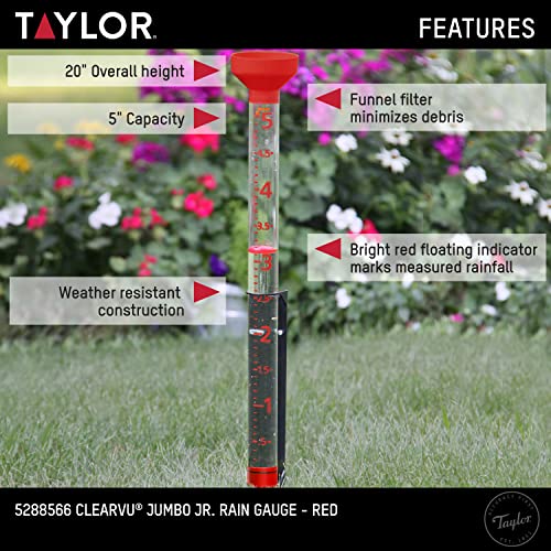 Taylor 5 Inch Capacity Jumbo Jr Rain Gauge, Red