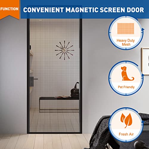 MAGZO Magnetic Screen Door Fits Door Size 38 x 82 Inches, Screen Size 40 x 83 Inch Reinforced Side Opening Mesh Curtain Polyester Heavy Duty Screen with Full Frame Hook&Loop-Black