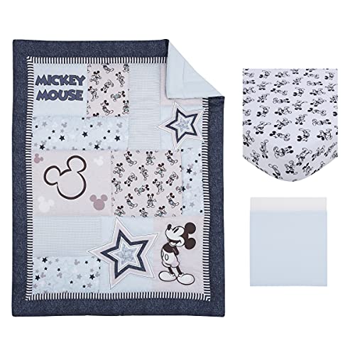 Disney Mickey Mouse - Timeless Mickey Blue, Gray, & White Stars & Icons 3Piece Nursery Crib Bedding Set - Comforter, Fitted Crib Sheet, & Crib Skirt, Navy, Light Blue, Grey, White