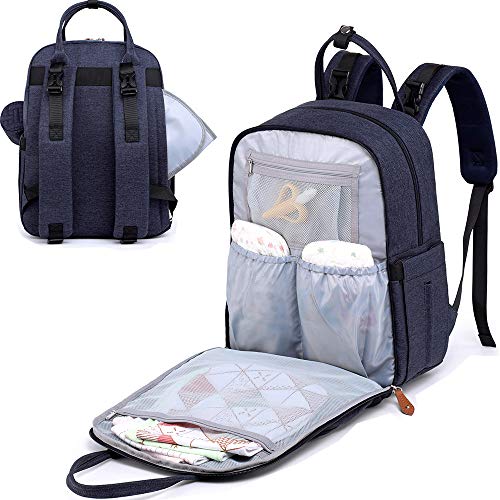 BabbleRoo Diaper Bag Backpack - Baby Essentials Travel Tote - Multi function Waterproof Diaper Bag, Travel Essentials Baby Bag with Changing Pad, Stroller Straps & Pacifier Case - Unisex, Navy Blue