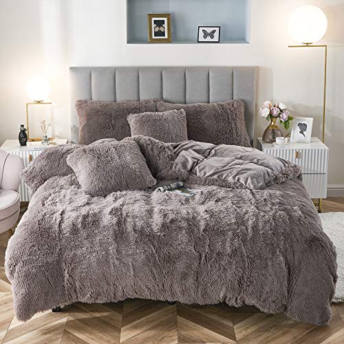 Uhamho Faux Fur Velvet Fluffy Bedding Duvet Cover Set Down Comforter Quilt Cover with Pillow Shams, Ultra Soft Warm and Durable (Taupe, King)
