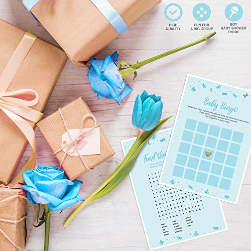 Dessie Baby Shower Games for Boys - Ultimate Boy Baby Shower Set | Includes 9 Unique Games, 25 Pens and Baby Boy Shower Decorations (100 Mini Clothespins +100 Mini Acrylic Pacifiers)