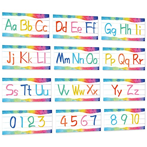 12 Pieces Alphabet Bulletin Board Strips Set Alphabet Line ABC Alphabet Banner & Number Border Posters for Preschool Kindergarten Classroom Playroom Bedroom (Watercolor)