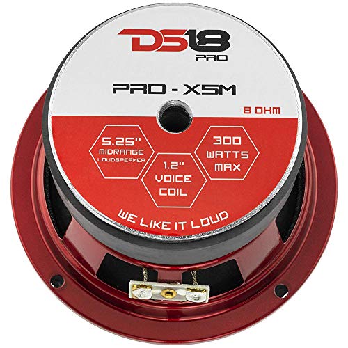 DS18 PRO-X5M Loudspeaker - 5.25", Midrange, Red Steel Basket, 300W Max, 150W RMS, 8 Ohms - Premium Quality Audio Door Speakers for Car or Truck Stereo Sound System (1 Speaker), Bullet