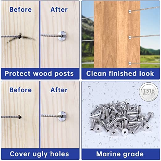 Muzata 60Pack Cable Railing Kit Protective Protector Sleeves Grommet for Wood Posts for 1/8" 5/32" 3/16" Wire Rope T316 Stainless Steel Cable Deck Hardware CR88