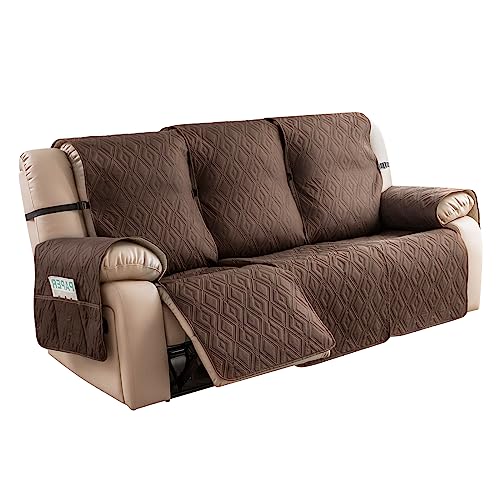 Genina Waterproof Recliner Sofa Cover 3 Seat Non-Slip, Reclining Sofa Cover for 3 Cushion Couch, Furniture Protector Couch Cover with Elastic Straps for Pets, Dogs (Chocolate, Recliner Sofa)