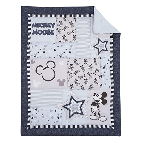 Disney Mickey Mouse - Timeless Mickey Blue, Gray, & White Stars & Icons 3Piece Nursery Crib Bedding Set - Comforter, Fitted Crib Sheet, & Crib Skirt, Navy, Light Blue, Grey, White