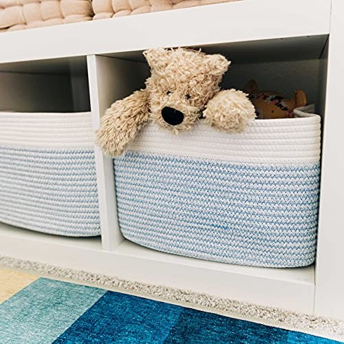 OrganiHaus Blue Blanket Basket Living Room 3-Pack | Shoe Basket | Woven Baskets for Storage | Towel Baskets for Bathroom | Cotton Rope Baskets for Storage | Decorative Nursery Storage Basket