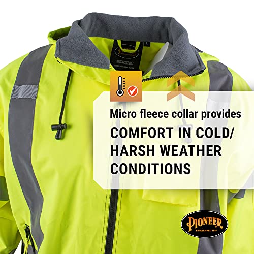 Pioneer High Vis Safety Bomber Jacket for Men – Waterproof Reflective Rain Gear – Class 3 – Detachable Hood – Yellow/Black