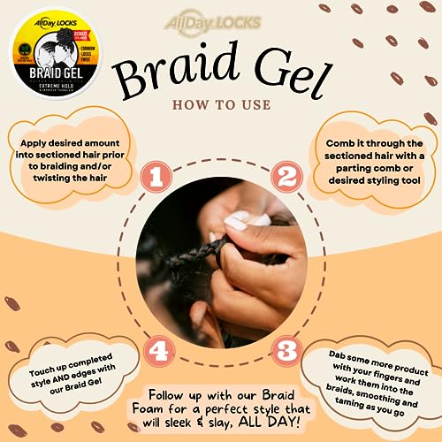 AllDay Locks Braid Gel | Extreme Hold, Smooths & Tames Frizz | No Flaking or Drying | High Shine, Long Lasting for Braids, Locks, Twists, Cornrows | 5 oz