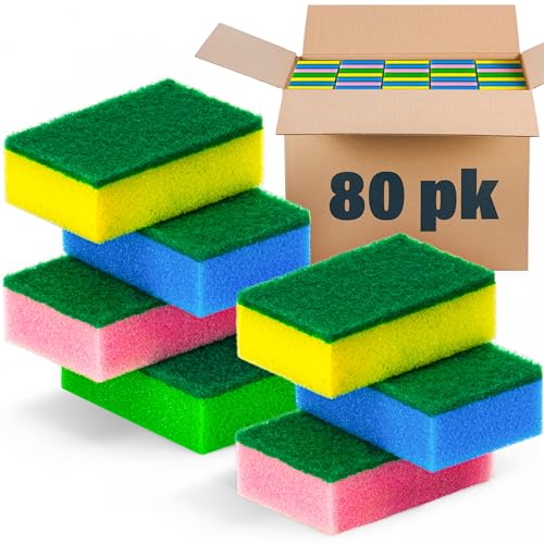 DecorRack 80 Cleaning Scrub Sponges for Kitchen, Dishes, Bathroom, Car Wash, Heavy Duty Scour Dish Pad, Assorted Colors (Pack of 80)