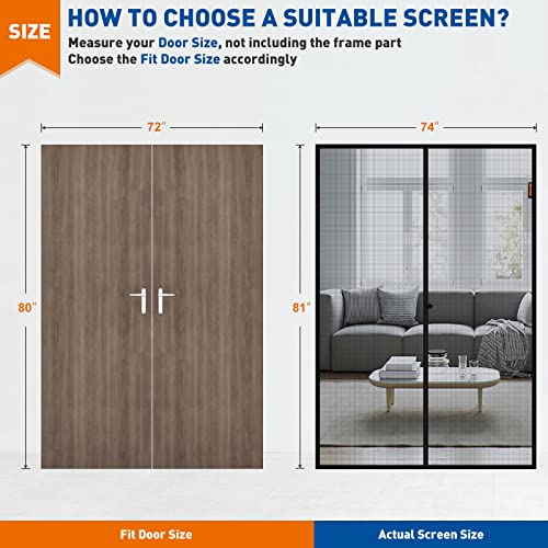 MAGZO Magnetic Screen Door Fit Door Size 72 x 80 Inch, Screen Size 74" x 81" Fiberglass French Door Mesh Curtain with Heavy Duty Hook&Loop-Grey Gray