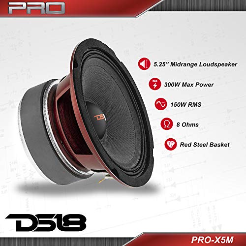 DS18 PRO-X5M Loudspeaker - 5.25", Midrange, Red Steel Basket, 300W Max, 150W RMS, 8 Ohms - Premium Quality Audio Door Speakers for Car or Truck Stereo Sound System (1 Speaker), Bullet