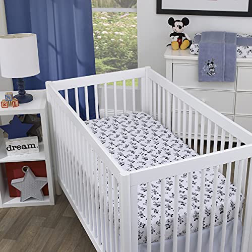 Disney Mickey Mouse - Timeless Mickey Blue, Gray, & White Stars & Icons 3Piece Nursery Crib Bedding Set - Comforter, Fitted Crib Sheet, & Crib Skirt, Navy, Light Blue, Grey, White