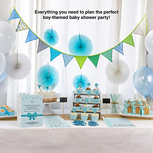 Dessie Baby Shower Games for Boys - Ultimate Boy Baby Shower Set | Includes 9 Unique Games, 25 Pens and Baby Boy Shower Decorations (100 Mini Clothespins +100 Mini Acrylic Pacifiers)