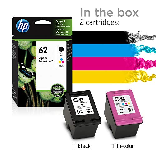 HP 62 | 2 Ink Cartridges with Assorted Photo Paper | Black, Tri-color | Works with HP ENVY 5500 Series, 5600 Series, 7600 Series, HP OfficeJet 200, 250, 258, 5700 Series, 8040 | C2P04AN C2P06AN