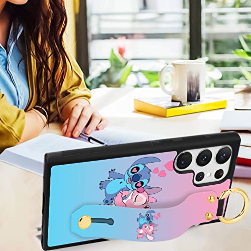 cuwana Cartoon Case for Samsung Galaxy S23 Ultra Case (2023) Cute Stitch Angel Cartoon Character Design with Lanyard Wrist Strap Band Holder Shockproof Protection Bumper Kickstand Cover