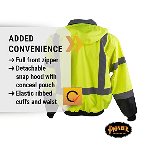 Pioneer High Vis Safety Bomber Jacket for Men – Waterproof Reflective Rain Gear – Class 3 – Detachable Hood – Yellow/Black