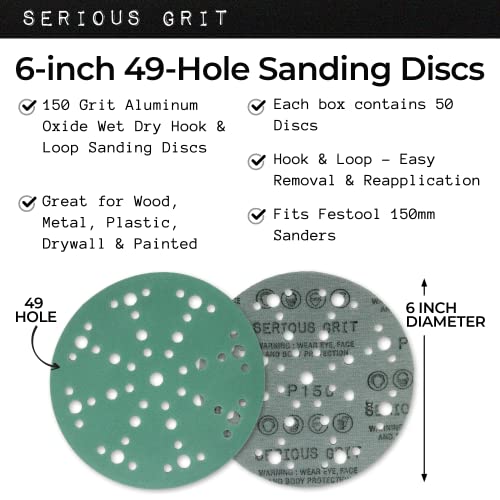 Serious Grit - 6-Inch 49-Hole 150 Grit Sanding Discs - Heavy-Duty Hook & Loop Velcro-Backed Film Discs - Sandpaper for Random Orbital Sanders - 50 Pack Box