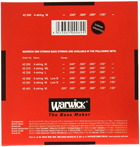 Warwick Label Stainless Wound Bass Strings, 4 String, Medium, Red