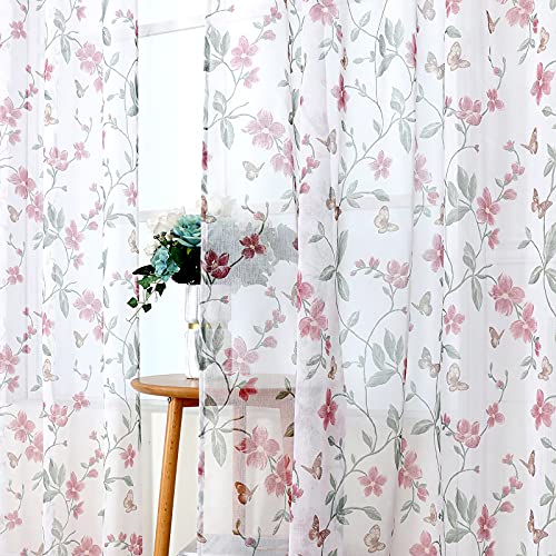 Tollpiz Sheer Floral Curtains Pink Flower Butterfly Printed Living Room Curtain Rod Pocket Voile Faux Linen Window Curtains for Bedroom, 54 x 72 inches Long, Set of 2 Panels