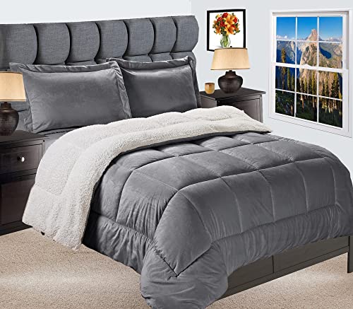 Elegant Comfort Premium Quality Heavy Weight Micromink Sherpa-Backing Reversible Down Alternative Micro-Suede 3-Piece Comforter Set, Full, Grey