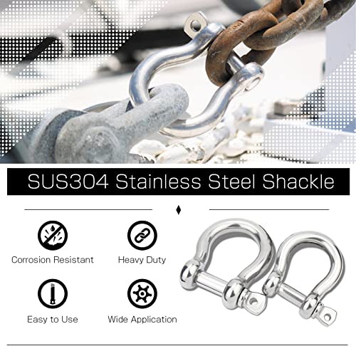 AMYSPORTS Heavy Duty Chain Shackle Stainless Lifting Load Pin Shackle Anchor Bow Marine Ring Shackles Steel Screw Outdoor M10 1400lbsf 2pcs