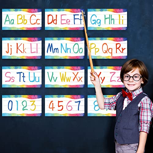 12 Pieces Alphabet Bulletin Board Strips Set Alphabet Line ABC Alphabet Banner & Number Border Posters for Preschool Kindergarten Classroom Playroom Bedroom (Watercolor)