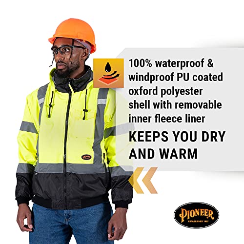 Pioneer High Vis Safety Bomber Jacket for Men – Waterproof Reflective Rain Gear – Class 3 – Detachable Hood – Yellow/Black