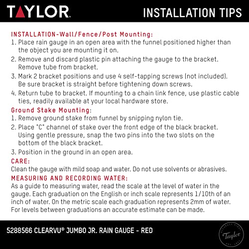 Taylor 5 Inch Capacity Jumbo Jr Rain Gauge, Red