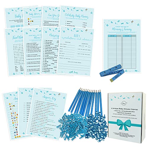 Dessie Baby Shower Games for Boys - Ultimate Boy Baby Shower Set | Includes 9 Unique Games, 25 Pens and Baby Boy Shower Decorations (100 Mini Clothespins +100 Mini Acrylic Pacifiers)