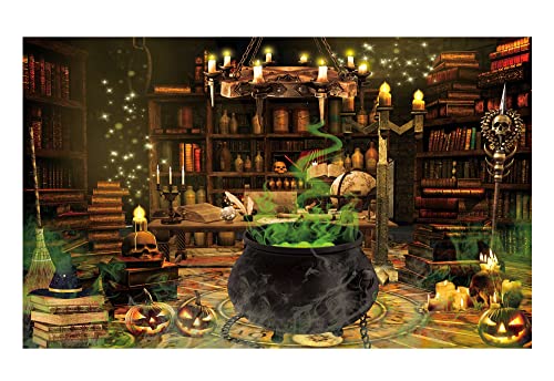 Funnytree Halloween Magic Photography Backdrop Witch's Kitchen Themed Spooky Retro Party Background Mid Century Vintage Decorations Portrait Banner Photo Booth Studio Props