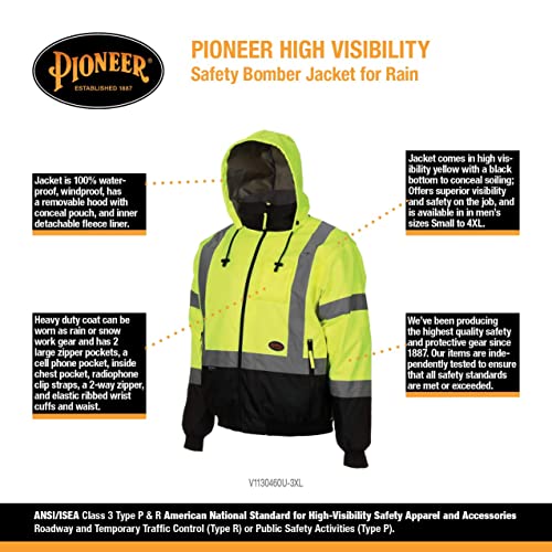 Pioneer High Vis Safety Bomber Jacket for Men – Waterproof Reflective Rain Gear – Class 3 – Detachable Hood – Yellow/Black