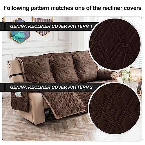 Genina Waterproof Recliner Sofa Cover 3 Seat Non-Slip, Reclining Sofa Cover for 3 Cushion Couch, Furniture Protector Couch Cover with Elastic Straps for Pets, Dogs (Chocolate, Recliner Sofa)