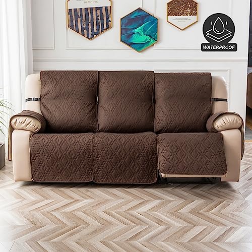 Genina Waterproof Recliner Sofa Cover 3 Seat Non-Slip, Reclining Sofa Cover for 3 Cushion Couch, Furniture Protector Couch Cover with Elastic Straps for Pets, Dogs (Chocolate, Recliner Sofa)