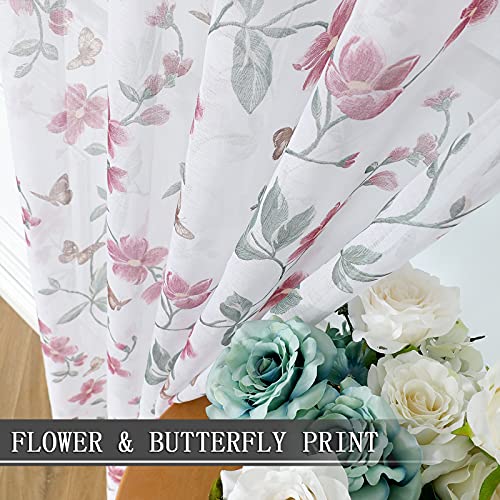 Tollpiz Sheer Floral Curtains Pink Flower Butterfly Printed Living Room Curtain Rod Pocket Voile Faux Linen Window Curtains for Bedroom, 54 x 72 inches Long, Set of 2 Panels