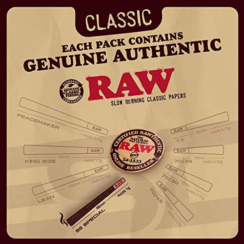 RAW Cones Classic 98 Special | 50 Pack | Natural Pre Rolled Rolling Paper with Tips & Packing Tubes Included